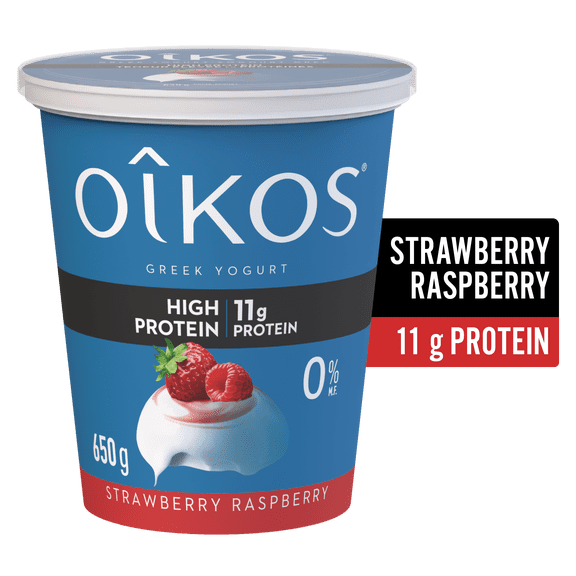 Oikos Greek Yogurt, Strawberry-Raspberry, High Protein, Blended, 0% M.F.