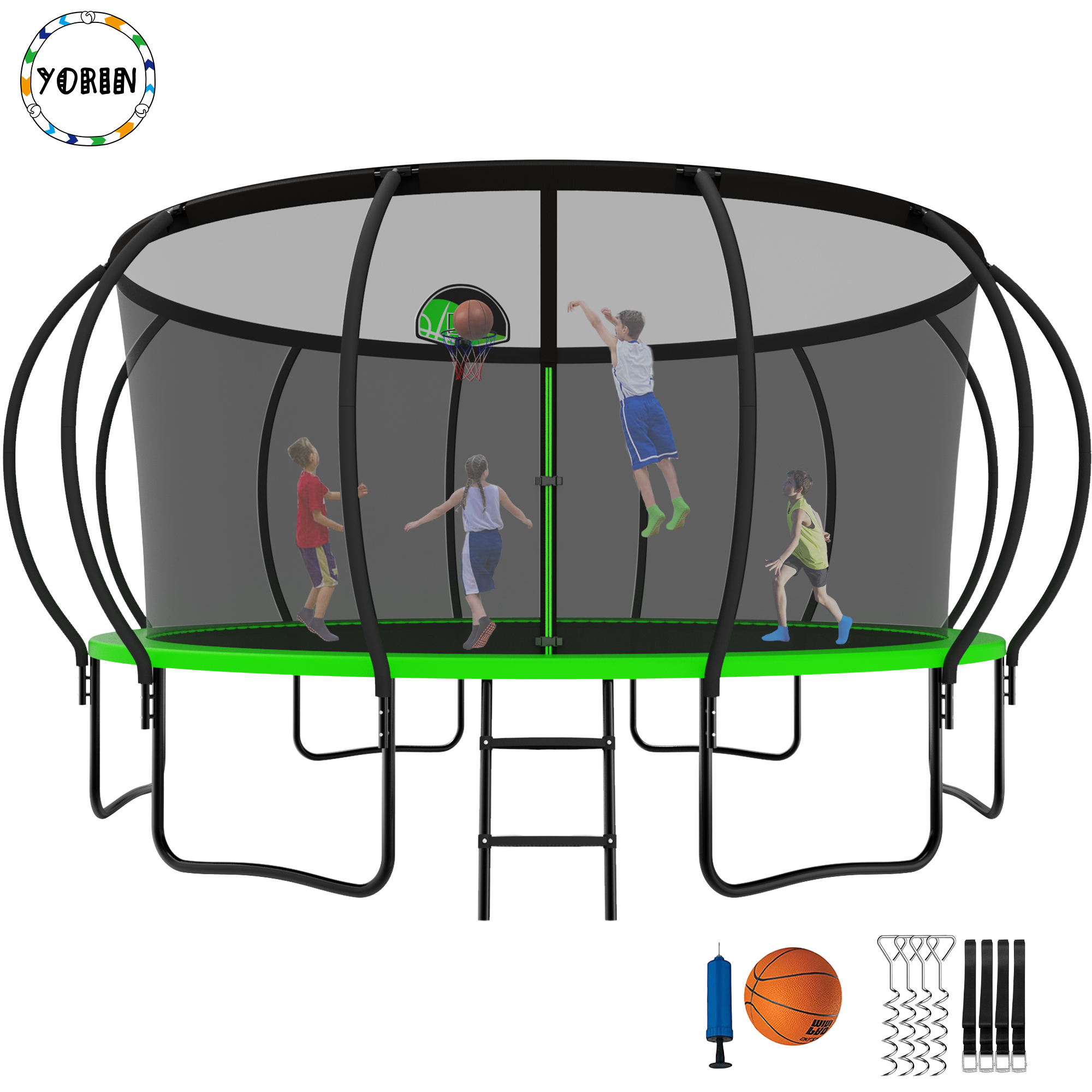 YORIN Trampoline pour 10 Enfants, Trampoline de 16 Pi pour Adultes avec Filet de Protection, Panier de Basketball, Échelle, Capacité de Poids de 1500 Lb, Trampoline Récréatif Extérieur, Trampoline Robuste
