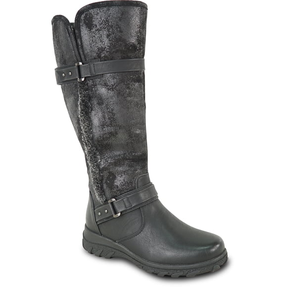 kozi Canada Women Waterproof Knee High Wide Calf Winter Casual Riding Boot ELEA-6 Fur Boot Side Zipper Removable Insole Black - Order Half Size Up