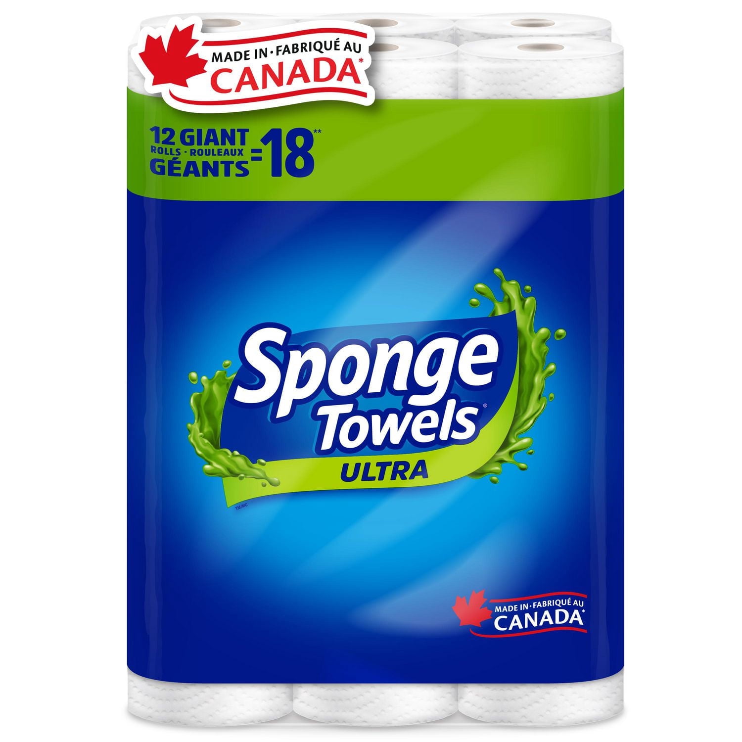 SpongeTowels Ultra Paper Towel, Double Sided Strength, 12 = 18 Regular Rolls
