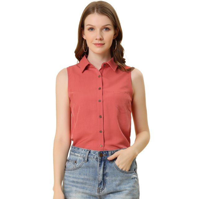 INSPIRE CHIC Chemise Sans Manches à Col Pointu à Simple Boutonnage pour Femme P Rose Foncé