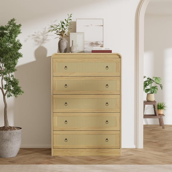 31" Tall 6-Drawer Rattan Dresser, Modern Wooden Chest of Drawers Storage Organizer for Bedroom, Living Room & Hallway, Natural Oak