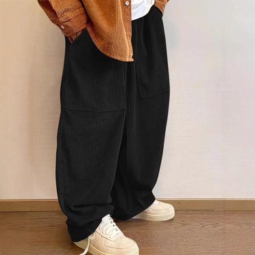 Mceream Pantalon Droit Ample en Velours Côtelé pour Homme Long Uni Taille Élastique Pantalon Décontracté Ample Sortie Voyage Pantalon avec Poches Pantalones Baggy Hombre Noir TTG