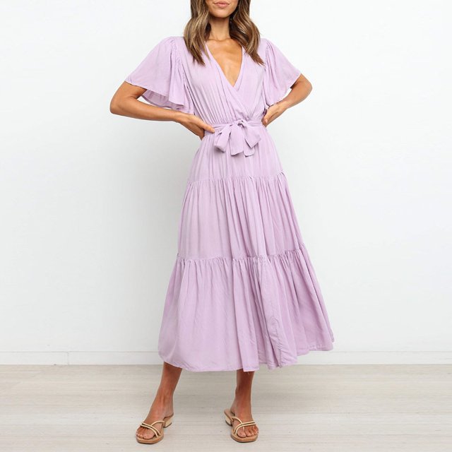 LOVZFMLL Women Solid Short Sleeve Loose Ruffles Lacing Dress Purple S