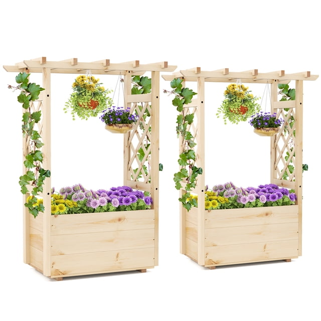 Gymax 2 Pcs Bac de Jardin Surélevé en Bois/ Treillis à Lattes Toit Suspendu Drainage Extérieur