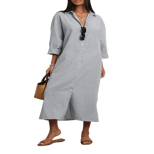 Robe Chemise pour Femmes à Manches Longues et Col Rabattu à Rayures