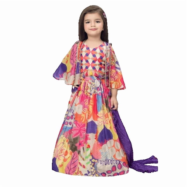 DWEEP SARA Lehenga Ethnique Multicolore Vif Imprimé Brodé pour Filles, 3-4 Ans(22)