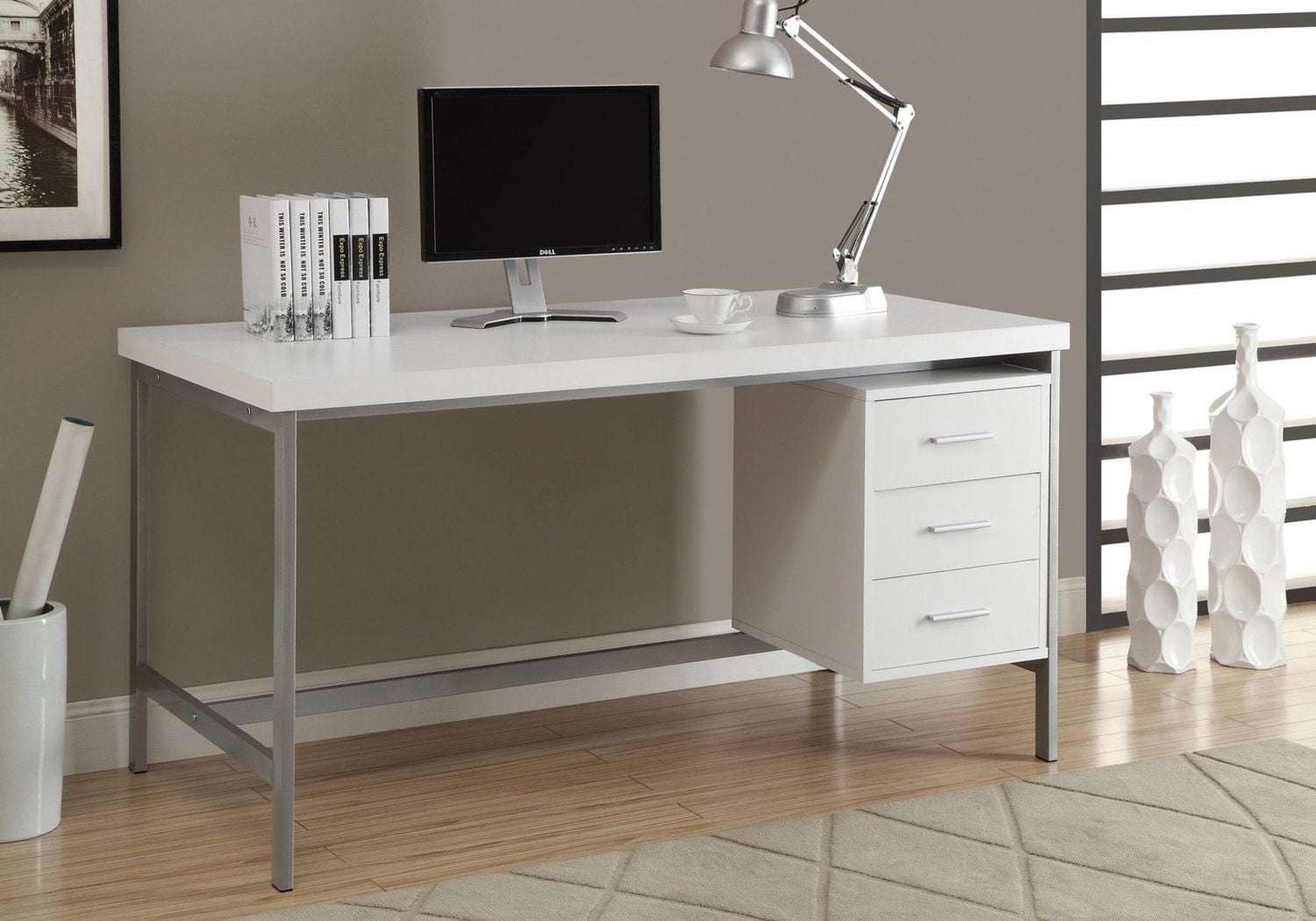 Monarch Specialties Computer Desk, Home Office, Laptop, Left, Right Set-up, Storage Drawers, 60"l, Work, Metal, Laminate, White, Grey, Contemporary, Modern