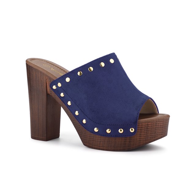 BLISSFUL STEP Chaussures pour Femmes à Plateforme à Talons Épais à Bout Ouvert à Rivets en Faux Suède Sandales à Enfiler Bleu Brume 7