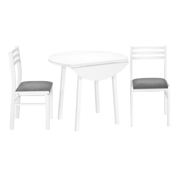 Monarch Specialties Dining Table Set, 3pcs Set, Small, 35" Drop Leaf, Kitchen, White Metal And Laminate, Grey Fabric, Contemporary, Modern