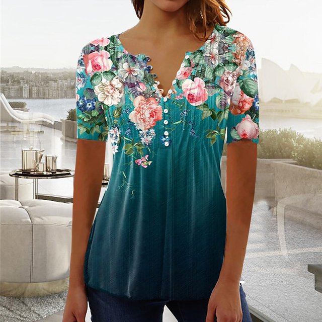 EGNMCR T-Shirts pour Femmes Femmes Mode Été Pli Imprimé Régulier Femmes Manches Courtes Col en V Bouton Haut