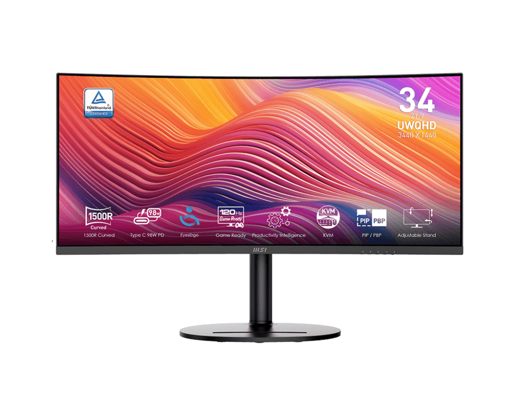 MSI 34" VA 3440 x 1440(UWQHD) Computer Monitor, 120Hz, 1800R Curved, Adaptive-Sync, HDMI, DP, USBC 98W Power Delivery, KVM, Height Adjustable, VESA, Speaker, 1ms, Black (Modern MD342CQP)
