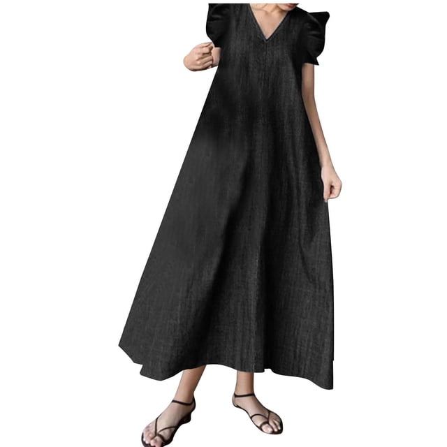 Tumotour Robe en Denim pour Femmes Été à Volants Sans Manches à Col en V Robe Longue en Jean Bleue Décontractée Ample Robe Maxi en Jean 2025