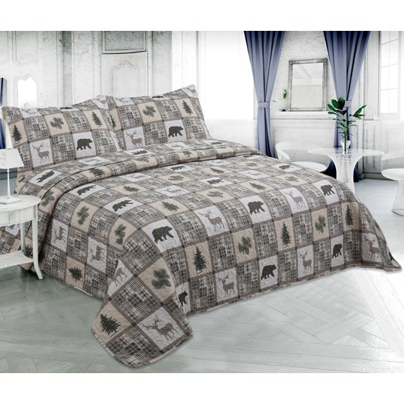 Marina Decoration Couvre-lit à imprimé riche et coutures ultra douces pour l'été, ensemble de literie avec housse matelassée, motif à carreaux Cottage Taupe, ours, cerf et arbre