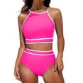 thumbnail image 1 of Penkiiy Swimsuit Set for Women 2 Piece Ribbed High Waisted Bikini Set Sporty Color Block Bathing Suits XL Hot Pink, 1 of 7