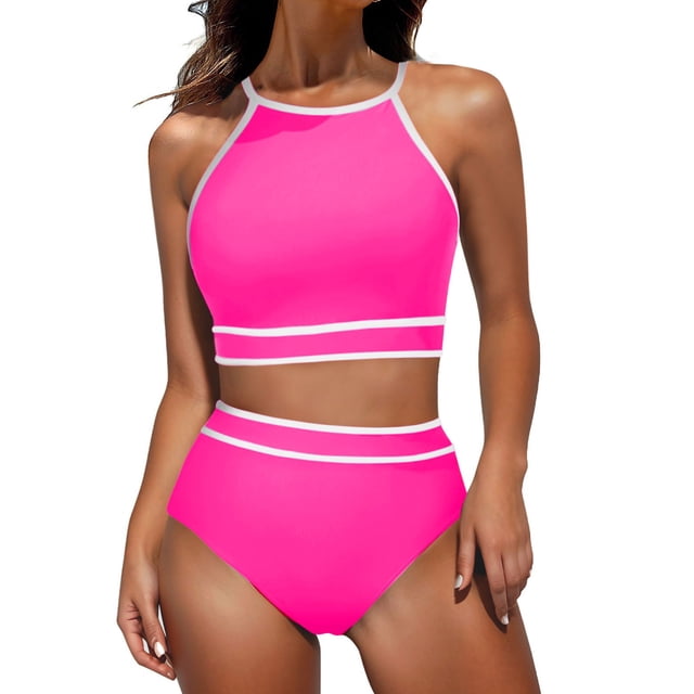 Penkiiy Swimsuit Set for Women 2 Piece Ribbed High Waisted Bikini Set Sporty Color Block Bathing Suits XL Hot Pink