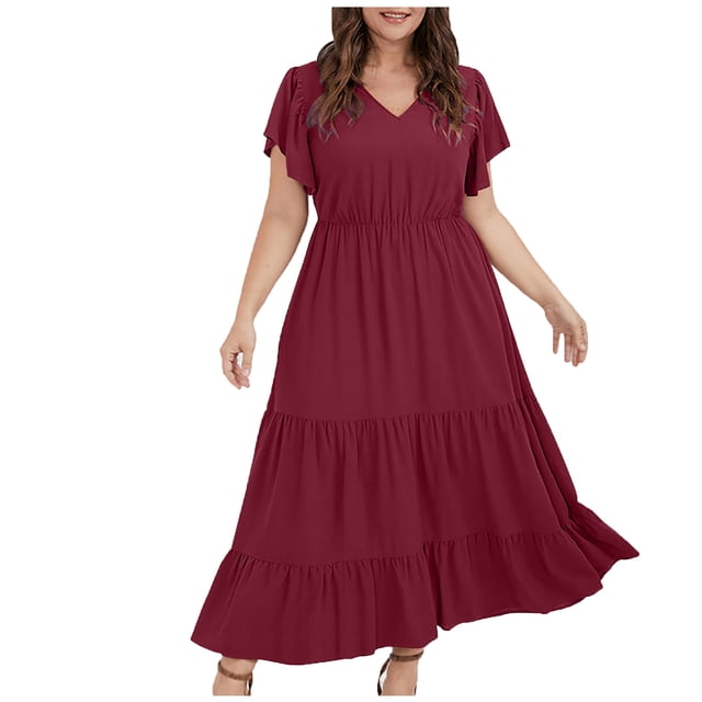 Bigersell Robe Dos Ouvert Liquidation Femme Col en V Manches Courtes Midi Robe Soleil Robe Style D-55 Robes pour Dames Grande Taille Robes d'Été, Bordeaux 5TG