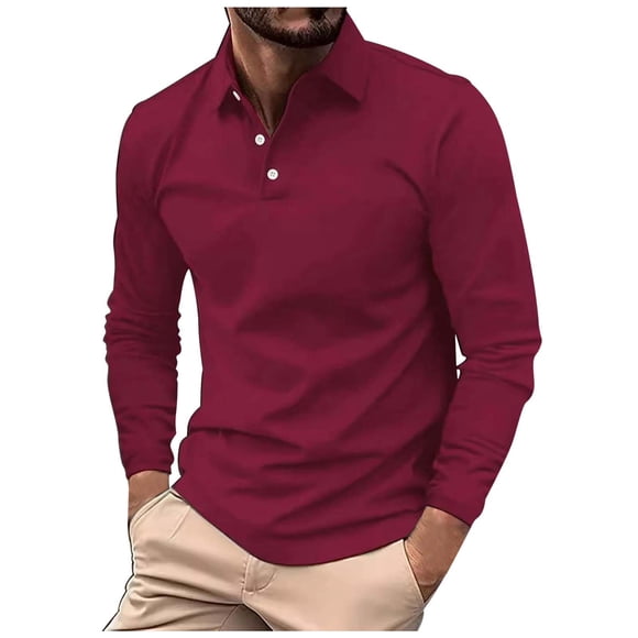 Hiiyo Men's Polo Shirt Solid Color Long Sleeve T-Shirt, Sizes S-XXXL