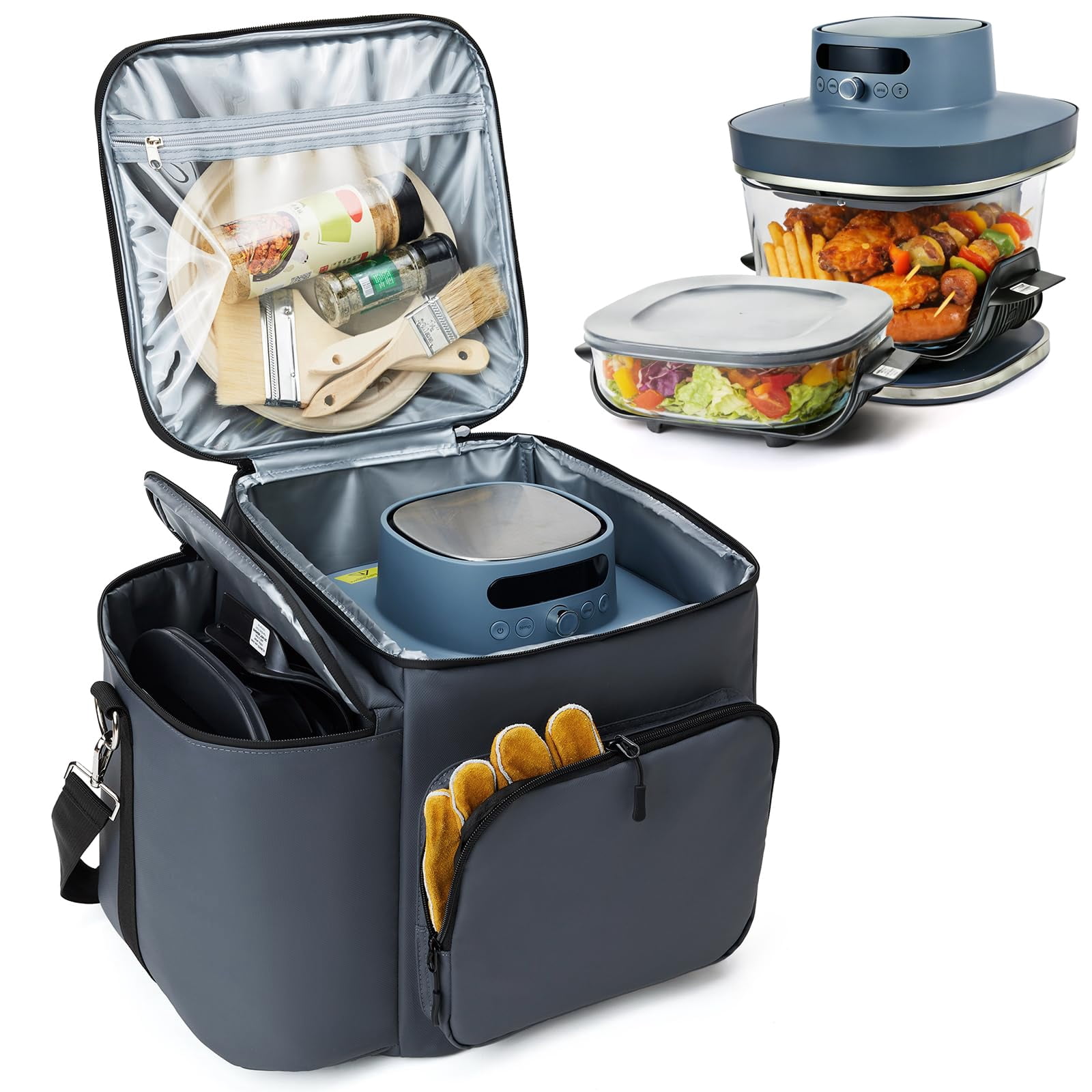 Padded Carrying Case for Ninja Crispi Pro Air Fryer 6QT & 2.5QT Glass Containers, Carry Bag with 5mm Thick Insulation, Multiple Compartments for Accessories Storage and