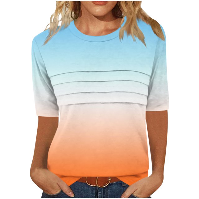 Pisexur Hauts de Printemps pour Femmes 2025, Hauts pour Femmes, T-shirt à Manches 3/4 Col Rond Froissé Mode pour Femmes, Coupe Ample, Manches Courtes Orange,P