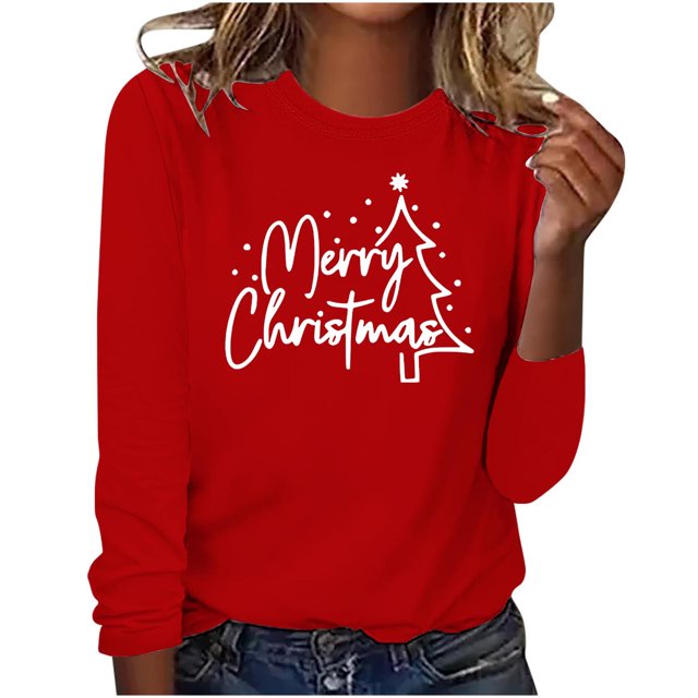 Timegard Womens Tops Merry Christmas Print Long Sleeve Crewneck Pullover Casual Loose Comfy Tops Fall