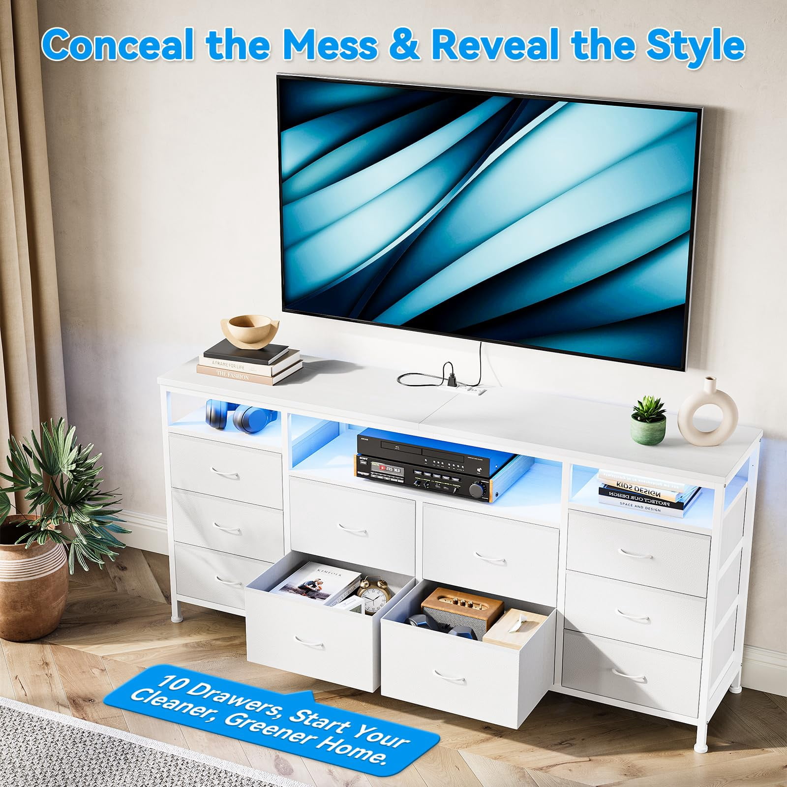 BeesClover Meuble Télé de 63 Pouces de Long avec 10 Tiroirs en Tissu, Prise de Courant de Sécurité et Lumières DEL, Unité de Rangement Robuste pour Télé de 75 Pouces, Commode Moderne pour Chambre, Salon