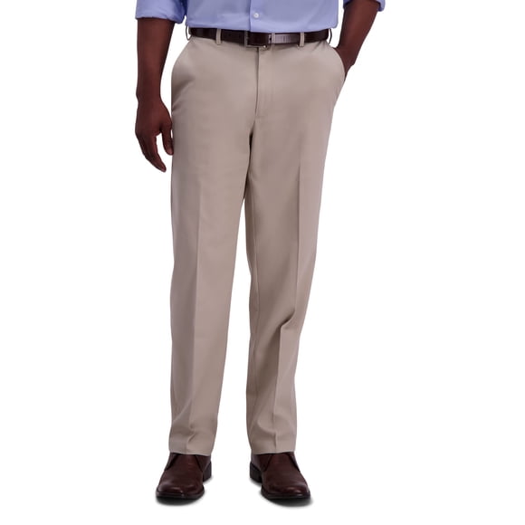 Haggar Men's Classic Fit Flat-Front Hidden Expandable Waistband Premium No Iron Khaki, 38W x 34L - Sand