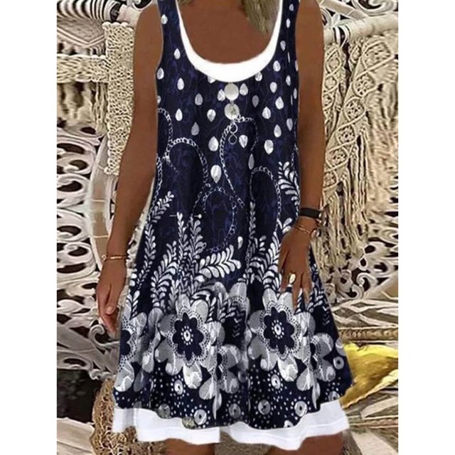 HKEJIAOI Liquidation des Ventes Robe Fleurie pour Femmes Robe d'Anniversaire pour Femme Col Rond Imprimé Ample Décontractée Mode Faux Deux-Pièces Sans Manches Robe Noire
