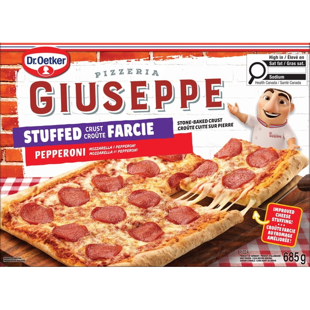 GIUS STD CRST PEPP Dr. Oetker Giuseppe pizza pepperoni à Croûte Farcie avec Croûte Cuite à la Pierre Remplie d'Une Farce de Fromage Améliorée, Nappée de mozzarella Fondue et de Tranches de pepperoni, pizza Surgelée de 685 g Idéale pour des Repas Rapides.