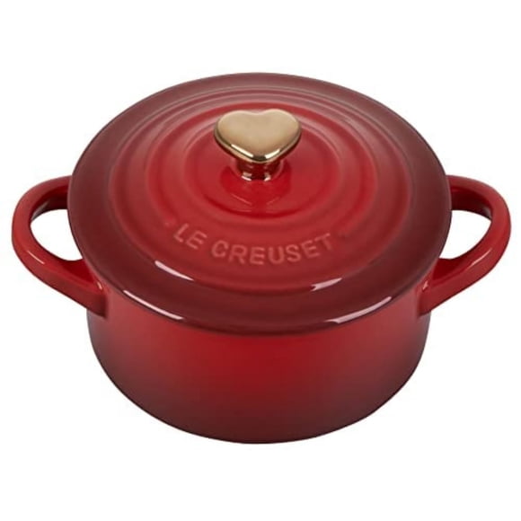 Le Creuset Cocotte Ronde Mini en Grès, 8 Oz, Cerise avec Bouton Cœur Doré