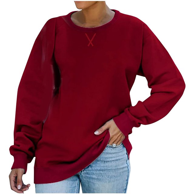 T-shirt Ample pour Femmes à Manches Longues, Blouse à Col Rond, Hauts Décontractés, Chandail en Molleton