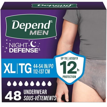 Sous-vêtements d’incontinence Depend Night Defense pour hommes, nuit, taille TG, emballage de 48