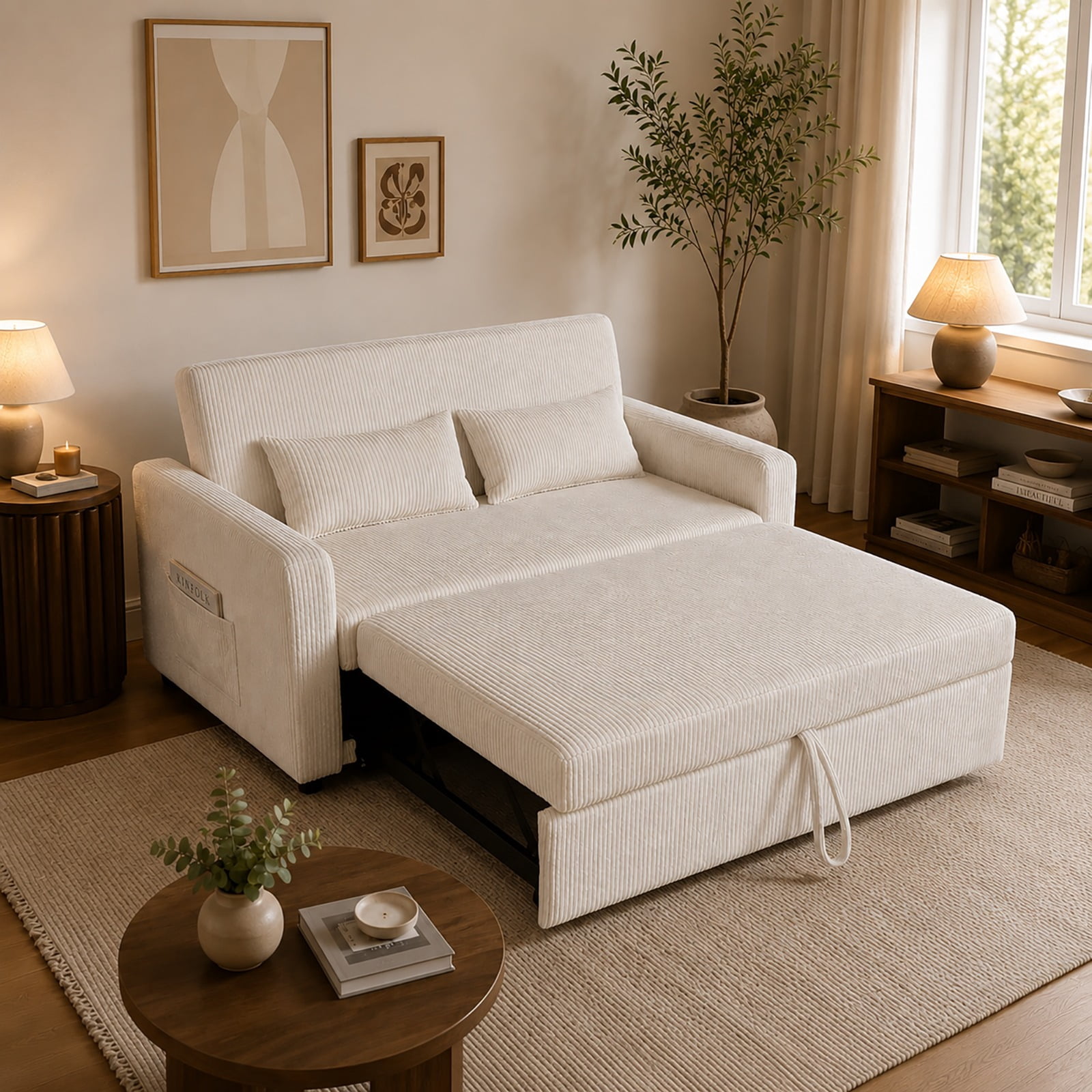 Cosmic Homes Jade Fabric Sofa Bed –  Cream, Pull-Out Sleeper Sofa with Adjustable Backrest, Storage Pockets & Accent Pillows for Small Spaces
