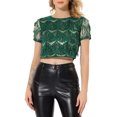 thumbnail image 1 of INSPIRE CHIC Women's Metallic Pattern Short Sleeves Party Crop T-Shirt S Green, 1 of 7