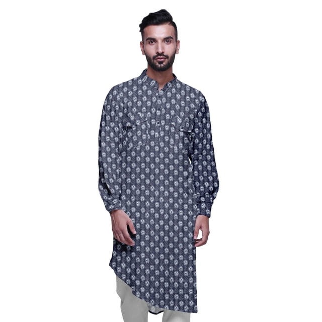 Atasi Kurta Asymétrique en Rayonne pour Homme, Kurta Chemise Longue Décontractée Imprimée