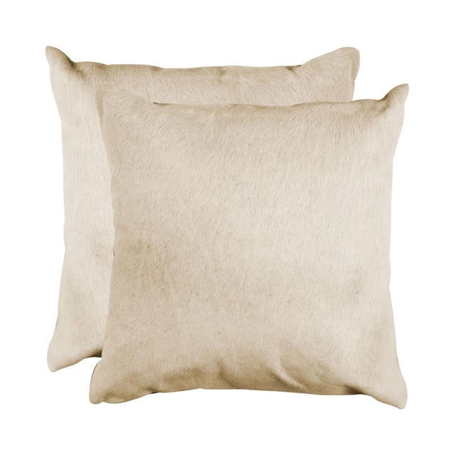 TORINO COWHIDE PILLOW 18"X18" 2-PACK with two natural beige square pillows crafted from 100% Indian cowhide and soft microsuede backing, hand-stitched with hidden zipper closures, fade-resistant and shed-free, ideal for layering in home décor and adding warmth to seating areas.