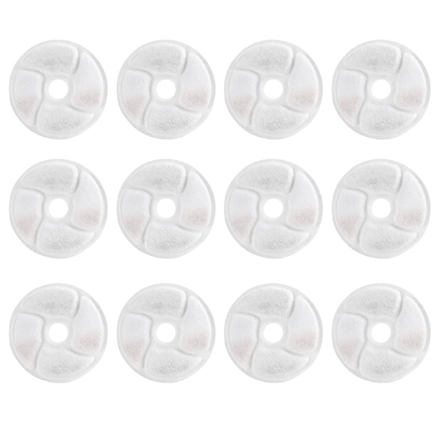 Cat water fountain filters by HESIGND, designed as replacement filters for top cat pet fountains. The image shows a set of 12 round filters with a central hole, featuring a cotton layer and activated carbon for effective odor and impurity removal. These filters help maintain fresh-tasting water for pets and are easy to replace. Recommended for rinsing every 7 days and replacing every 2-4 weeks.