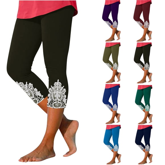 Aboser Tummy Control Capri Leggings for Women High Waisted Workout Pants Boho Lace Patchwork Capris Slimming Stretch Capri Pants Great for Fitness and Training