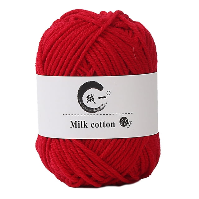 TopLLC Colorful Hand Knitting 25g Knitting Crochet Milk Soft Baby Cotton Wool Yarn in a vibrant red color. The skein is labeled 'Milk cotton 25g' and features a soft, durable texture suitable for various DIY crafts such as crocheting, knitting, and sewing. Ideal for making plush balls, sweaters, scarves, and more.