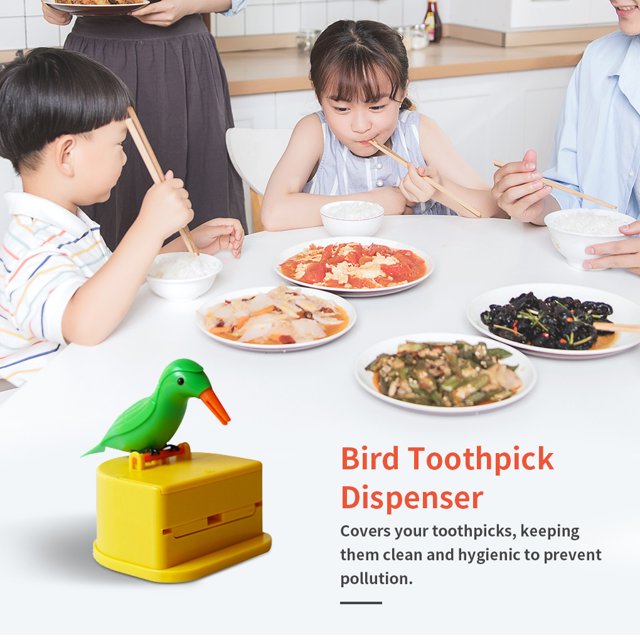 Toothpick Box Toothpick Storage Case dispenser; toothpick case; toothpick Automatic Dispenser Bird Shape ABS Plastic Holder, Green, Yellow