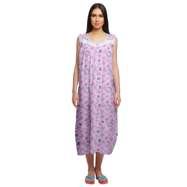 Moomaya Womens Lace Border Sleepwear For Ladies Button Placket Nightdress