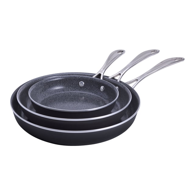 HENCKELS Capri Ensemble de 3 Poêles à Frire en Aluminium Comprenant Trois Poêles Antiadhésives Revêtues de Céramique en Gris. Comprend une Poêle de 8 Po, 10 Po et 12 Po, Idéale pour Divers Besoins de Cuisson comme la Saisie, le Sauté et la Friture. Fabriquée en Aluminium Pur avec un Revêtement Antiadhésif en Céramique Granitium, Sans PFAS, PFOA, PTFE, Plomb et cadmium. Compatible avec les Cuisinières au Gaz, Électriques, en Céramique et Halogènes, et Va au Four jusqu'à 500 °F (400 °F avec Couvercles
