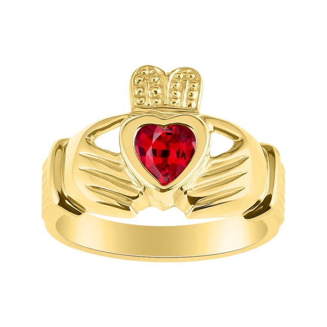 RYLOS Rings Gold Plated Silver Claddah Love, Loyalty & Friendship Heart 6MM Gem Irish Wedding Band Claddagh Rings July Ruby Jewelry Size 5