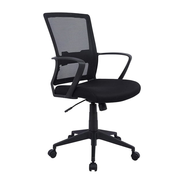 TygerClaw Mid Back Mesh and Fabric Office Chair in black with breathable mesh backrest, padded fabric seat, adjustable pneumatic height, fixed armrests, and five dual-wheel casters on a swivel base, suitable for ergonomic office seating and flexible workspace movement.