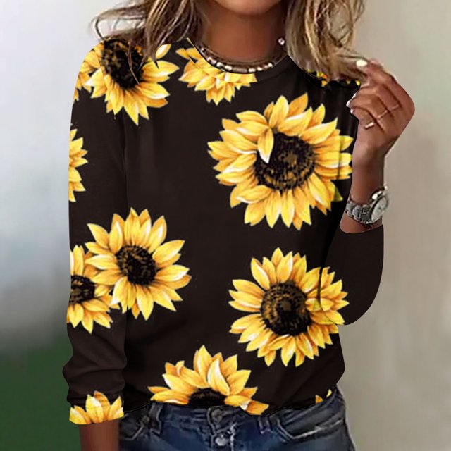 EQWLJWE Chemises à Manches Longues pour Femmes Liquidation Mode Femme Décontractée Col Rond Blouse Imprimée T-Shirt Manches Longues Vêtements d'Automne pour Femmes