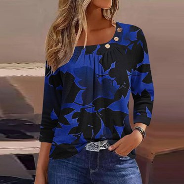 Summer Weekly Deal Iumwxz Loose Pleated Ornamental Button Tunic Tops Cute Summer Tops for Women Floral Print T Shirts Square Neck 3/4 Sleeve Blouse for Ladies Stylish Club