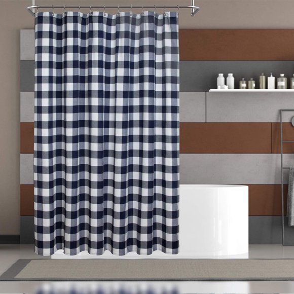 Rideau de Douche à Carreaux Buffalo : Mélange de Coton, Texture Tissée à Carreaux et Lavable à la Machine, Hydrofuge, Style Rustique de Ferme pour Salle de Bain - Bleu Indigo et Blanc, 72x72 Pouces