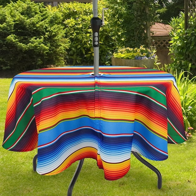 Nappe d'Extérieur Imperméable avec Trou pour Parasol pour Table Ronde 60x60 Pouces Nappe de Patio à Rayures Mexicaines avec Fermeture Éclair