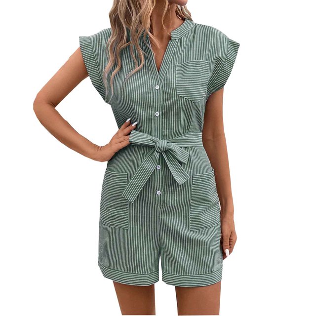 Summer Savings!wmjolc Womens Jumpsuit Front Bow Tie Dressy Rompers Button Short Romper Multi-Pockets Striped Cap Sleeveless Jumpsuits
