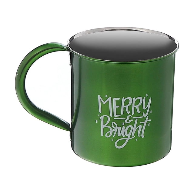 Tasse de Noël en Acier Inoxydable avec Impression « Merry & Bright » - Ensemble de 2 Présentant une Tasse en Acier Inoxydable Verte avec Poignée Courbée et Rebord Argenté, Imprimée avec Texte « Merry & Bright » Blanc et accents d'Étoiles, Idéale pour la Cuisine des Fêtes et pour Offrir.